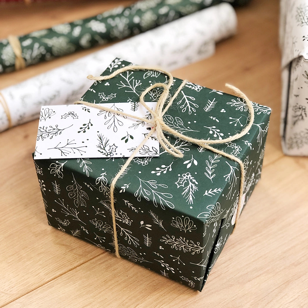 Christmas Greenery Forest Leaf Wrapping Paper Set with Gift Tag Recyclable FSC Eco-friendly Clara and Macy