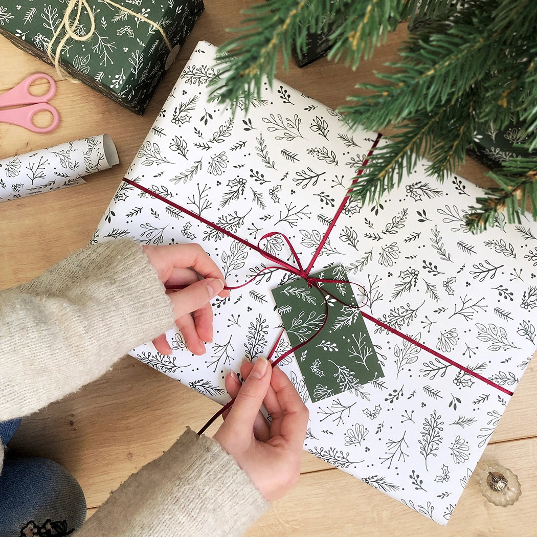 Clara and Macy Christmas Gift Wrap Festive Greenery White with gift tag set Recyclable Eco Friendly