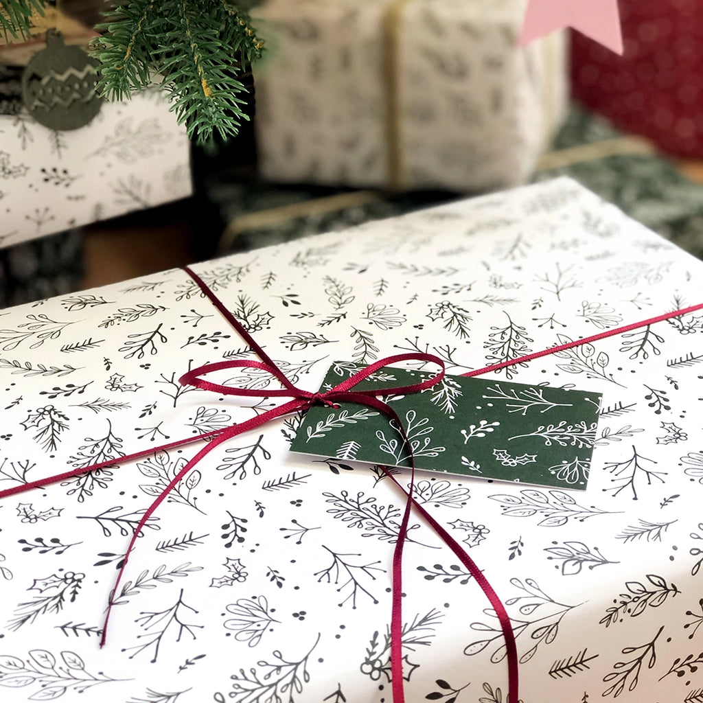 Clara and Macy Christmas Gift Wrap Festive Greenery White with gift tag set Recyclable Eco Friendly