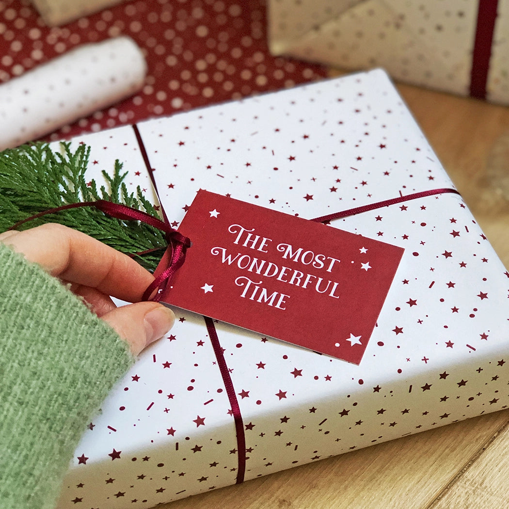 Christmas Gift Wrapping Paper Set with Gift Tags White Paper Red Stars Eco Friendly Recyclable