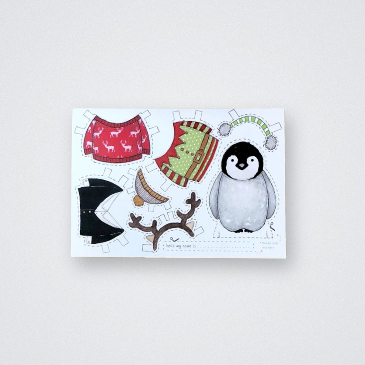 Clara and Macy Christmas Dress Up a Penguin Multipurpose Card Craft Kids Fun Plastic Free Eco Friendly