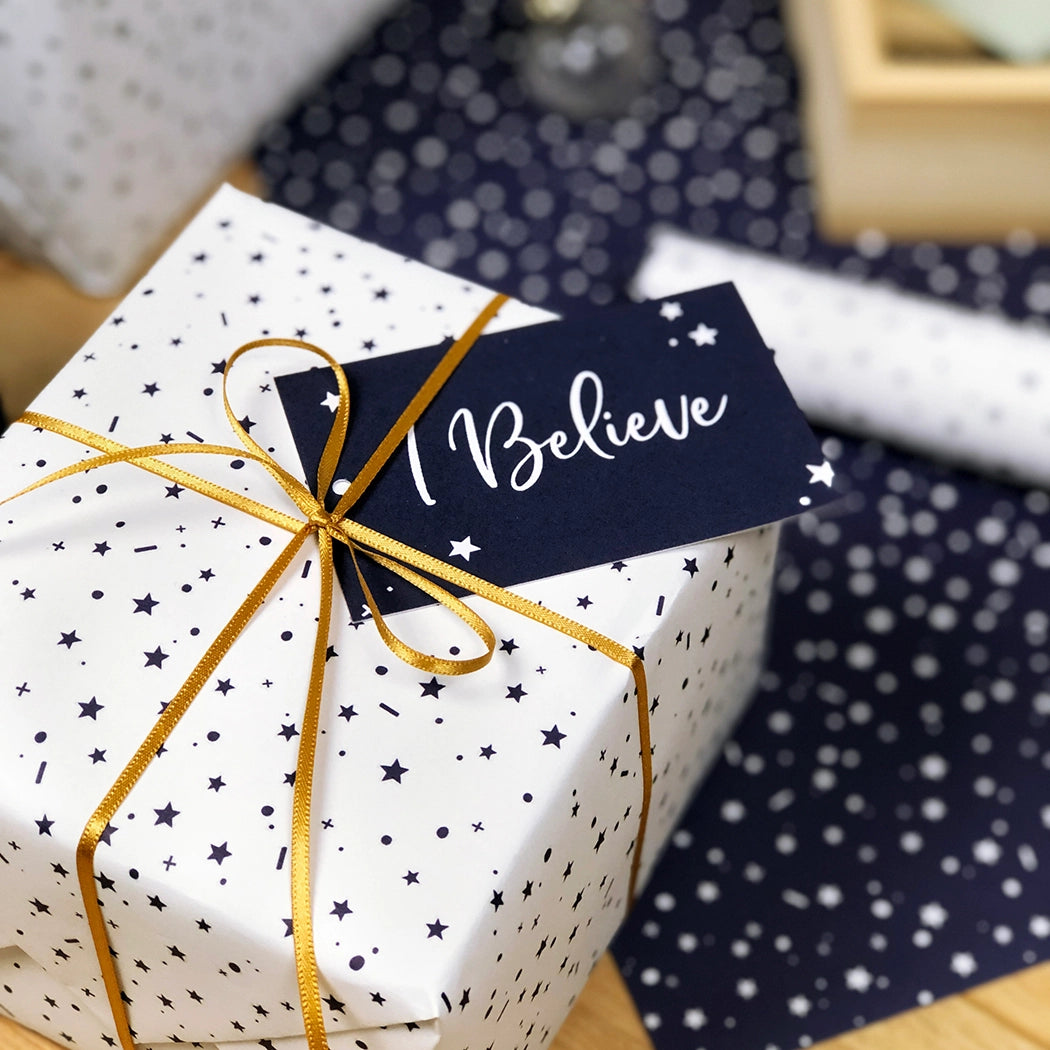 I believe Christmas Stars Gift Wrapping Paper Set with Gift Tags Clara and Macy Recyclable Eco-friendly