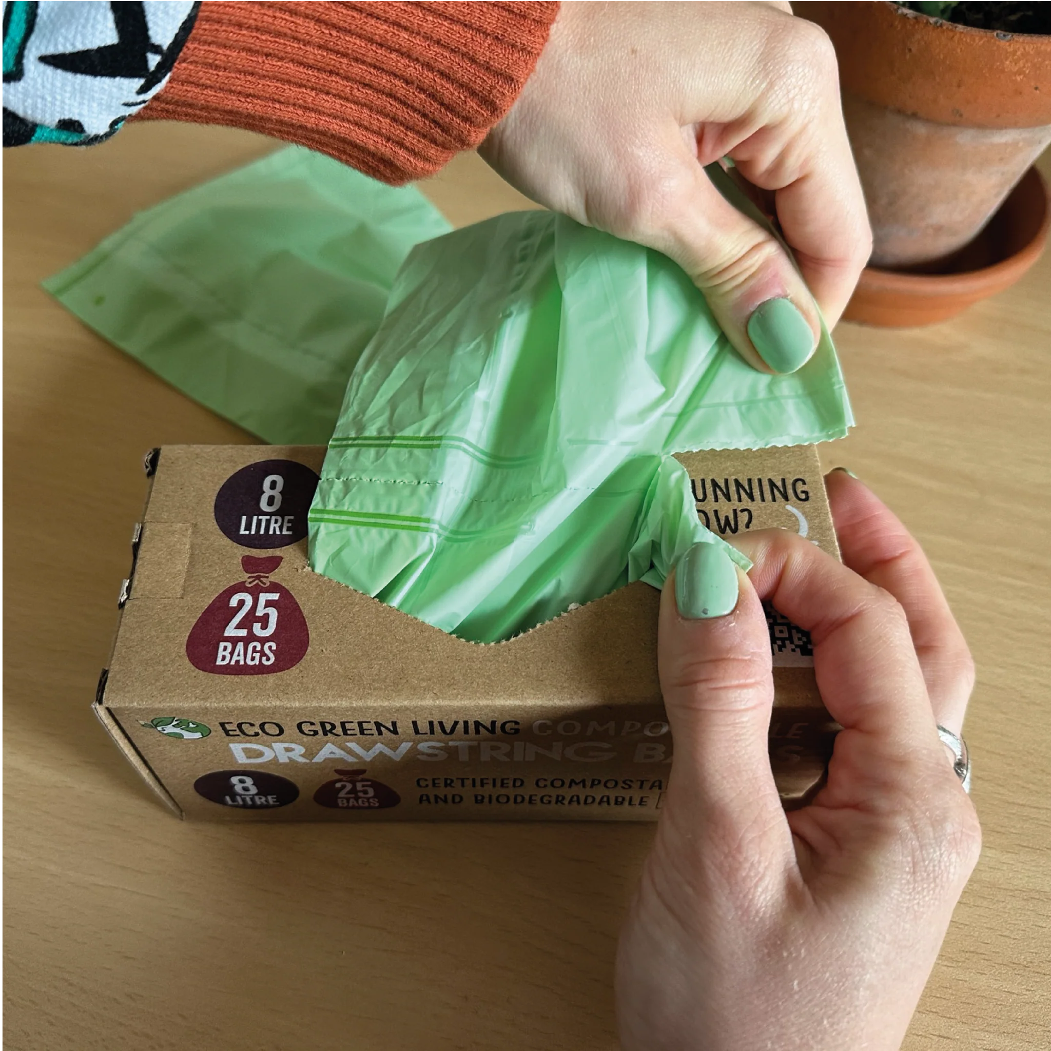 COMPOSTABLE Drawstring Bin Bag Waste Bag Eco friendly Eco Green Living plastic free biodegradable 8 litre 25 bags
