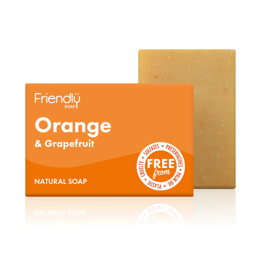 friendly soap bar vegan handmade orange and grapefruit, sulfate free, palm oil free, plastic free, eco friendly