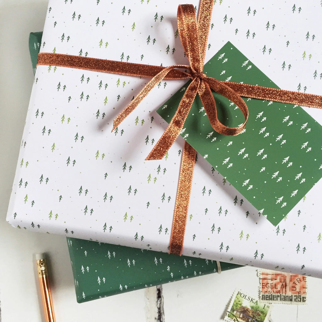 Mini Trees Christmas Gift Wrapping Paper Set with Gift Tags White Green Eco-friendly Recyclable