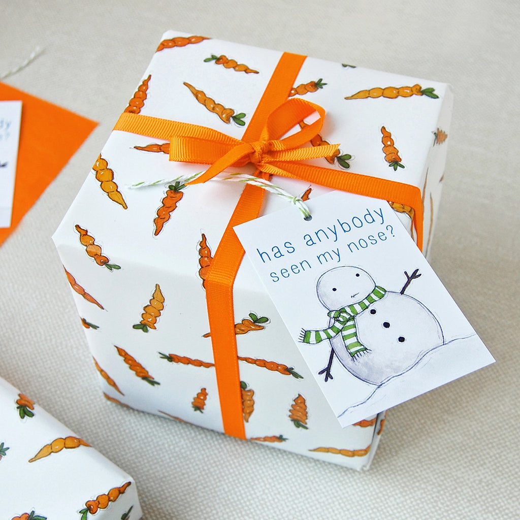 Christmas Wrapping Paper Carrot Snowman Has anybody seen my nose Clara and Macy Recyclable Eco-friendly
