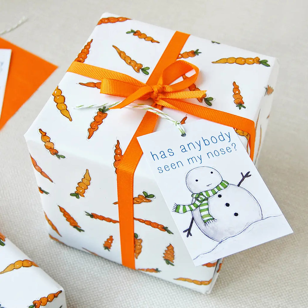 Christmas Wrapping Paper Carrot Snowman Has anybody seen my nose Clara and Macy Recyclable Eco-friendly