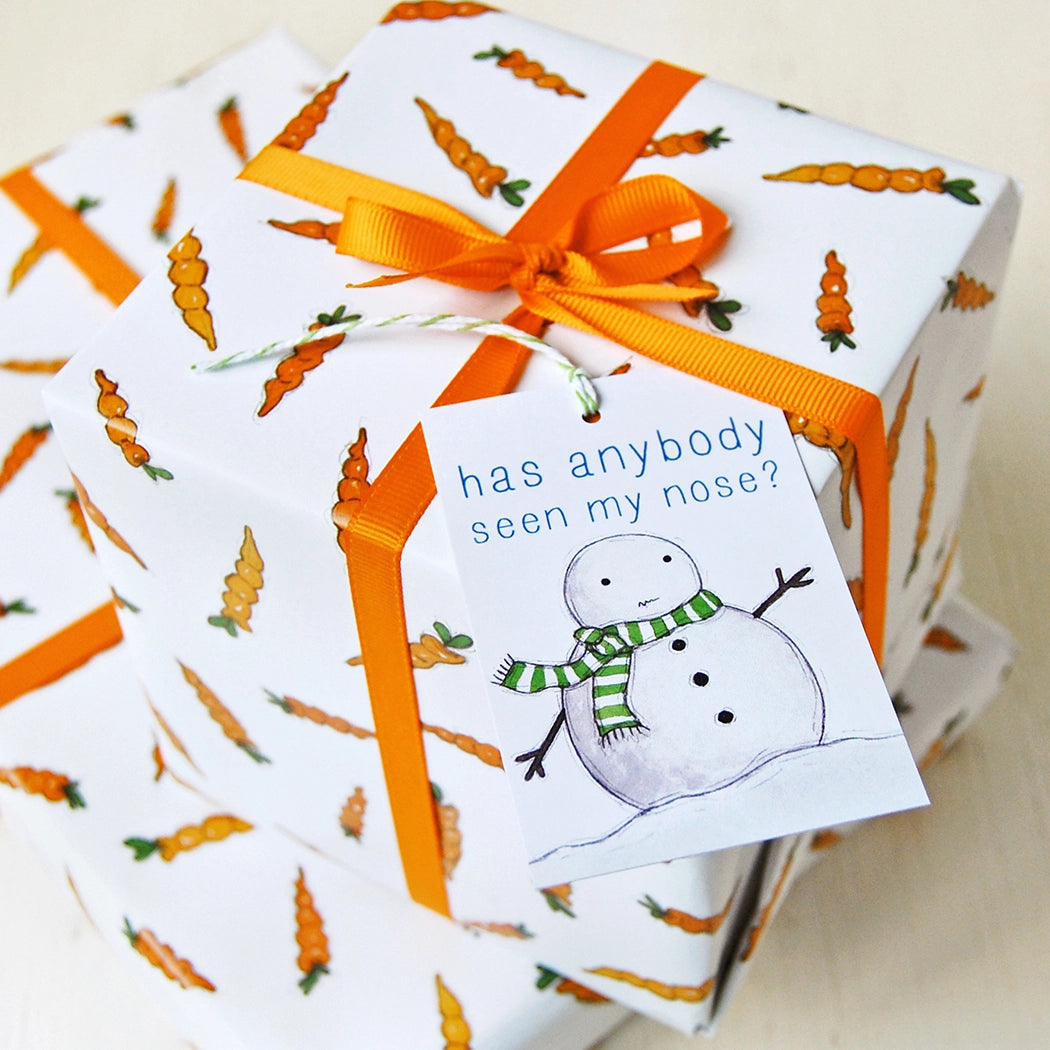 Christmas Wrapping Paper Carrot Snowman Has anybody seen my nose Clara and Macy Recyclable Eco-friendly
