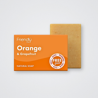 friendly soap bar vegan handmade orange and grapefruit, sulfate free, palm oil free, plastic free, eco friendly