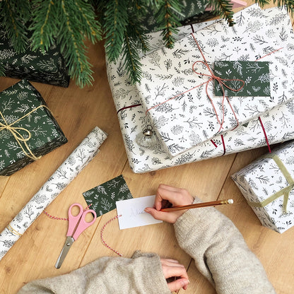 Clara and Macy Christmas Gift Wrap Festive Greenery White with gift tag set Recyclable Eco Friendly