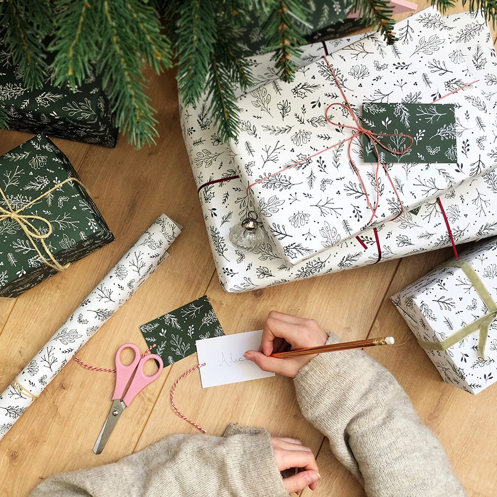 Clara and Macy Christmas Gift Wrap Festive Greenery White with gift tag set Recyclable Eco Friendly