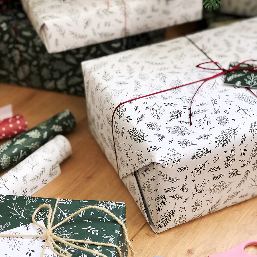 Clara and Macy Christmas Gift Wrap Festive Greenery White with gift tag set Recyclable Eco Friendly