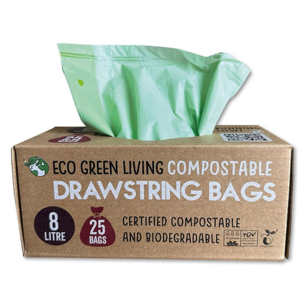COMPOSTABLE Drawstring Bin Bag Waste Bag Eco friendly Eco Green Living plastic free biodegradable 8 litre 25 bags