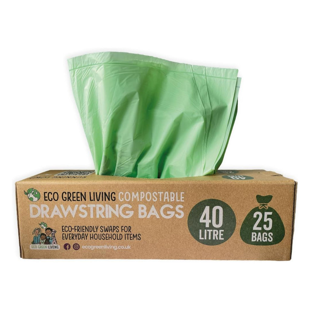 40 Litre compostable drawstring bin bag 25 bags eco friendly biodegradable plastic free waste bag