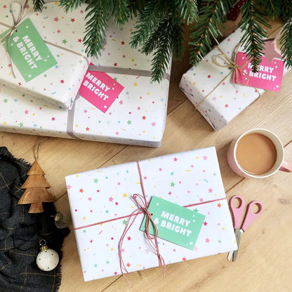 Merry and Bright Christmas Gift Wrapping Set with Gift Tags Eco-friendly Recyclable White with Colourful Stars Clara and Macy