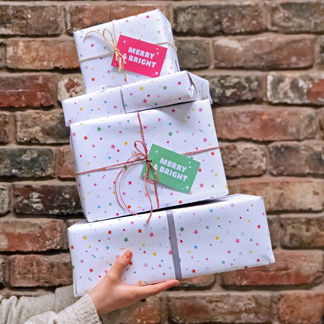 Merry and Bright Christmas Gift Wrapping Set with Gift Tags Eco-friendly Recyclable White with Colourful Stars Clara and Macy