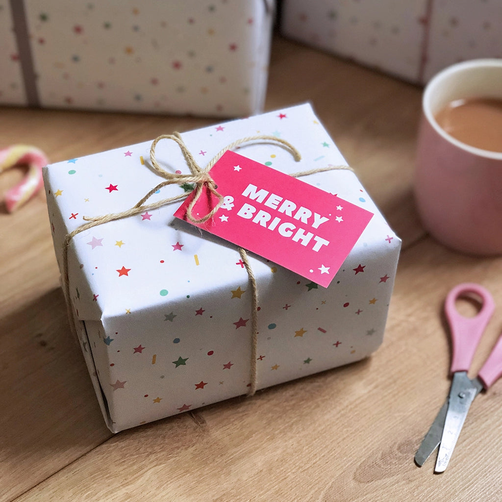 Merry and Bright Christmas Gift Wrapping Set with Gift Tags Eco-friendly Recyclable White with Colourful Stars Clara and Macy