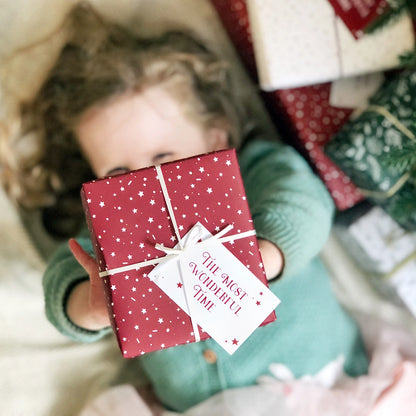Christmas Gift Wrapping Paper Set with Gift Tags The most wonderful time red and white recyclable eco-friendly
