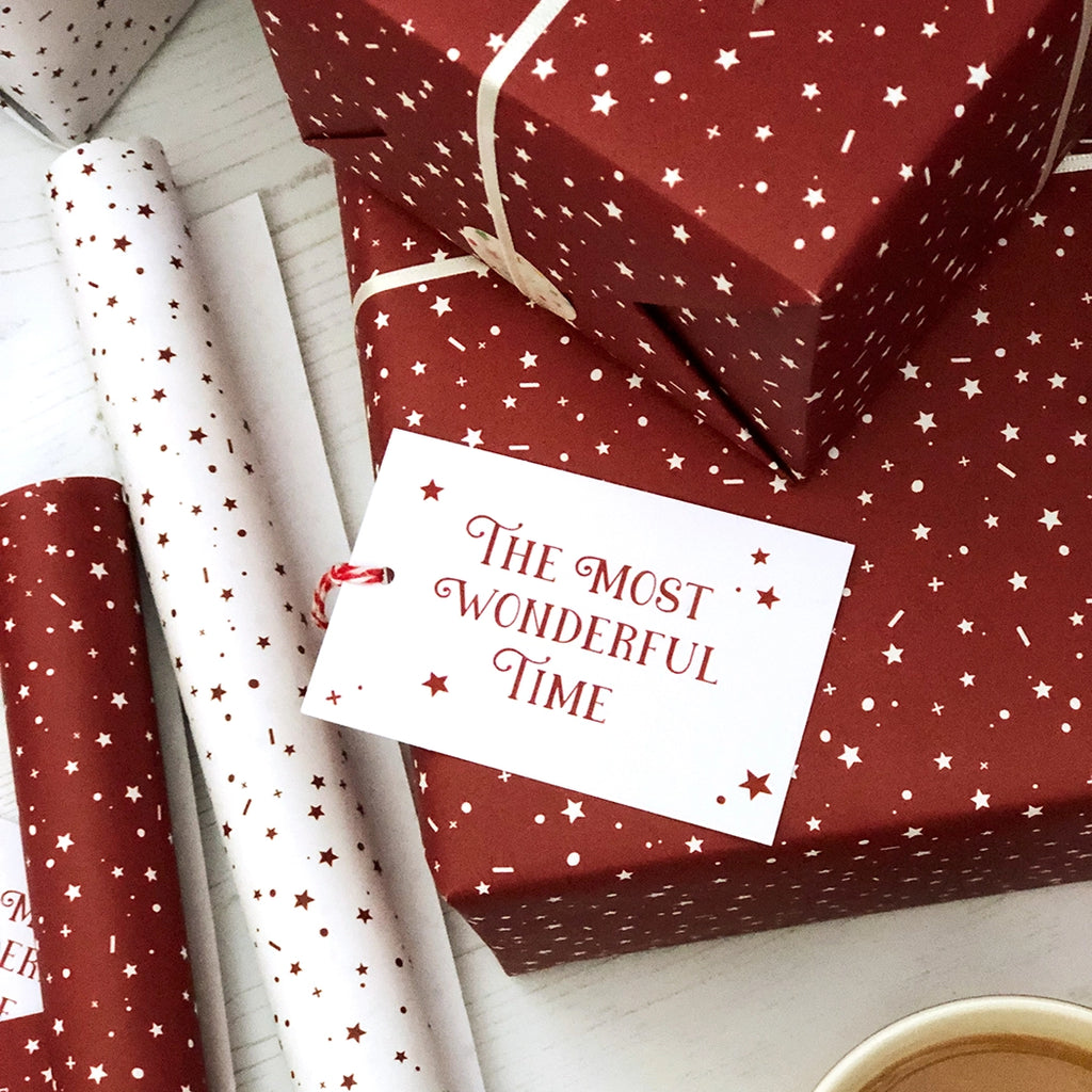 Christmas Gift Wrapping Paper Set with Gift Tags The most wonderful time red and white recyclable eco-friendly