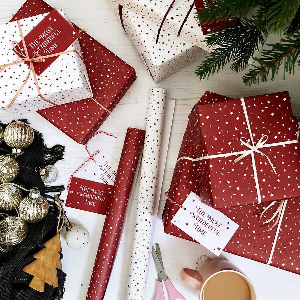 Christmas Gift Wrapping Paper Set with Gift Tags The most wonderful time red and white recyclable eco-friendly