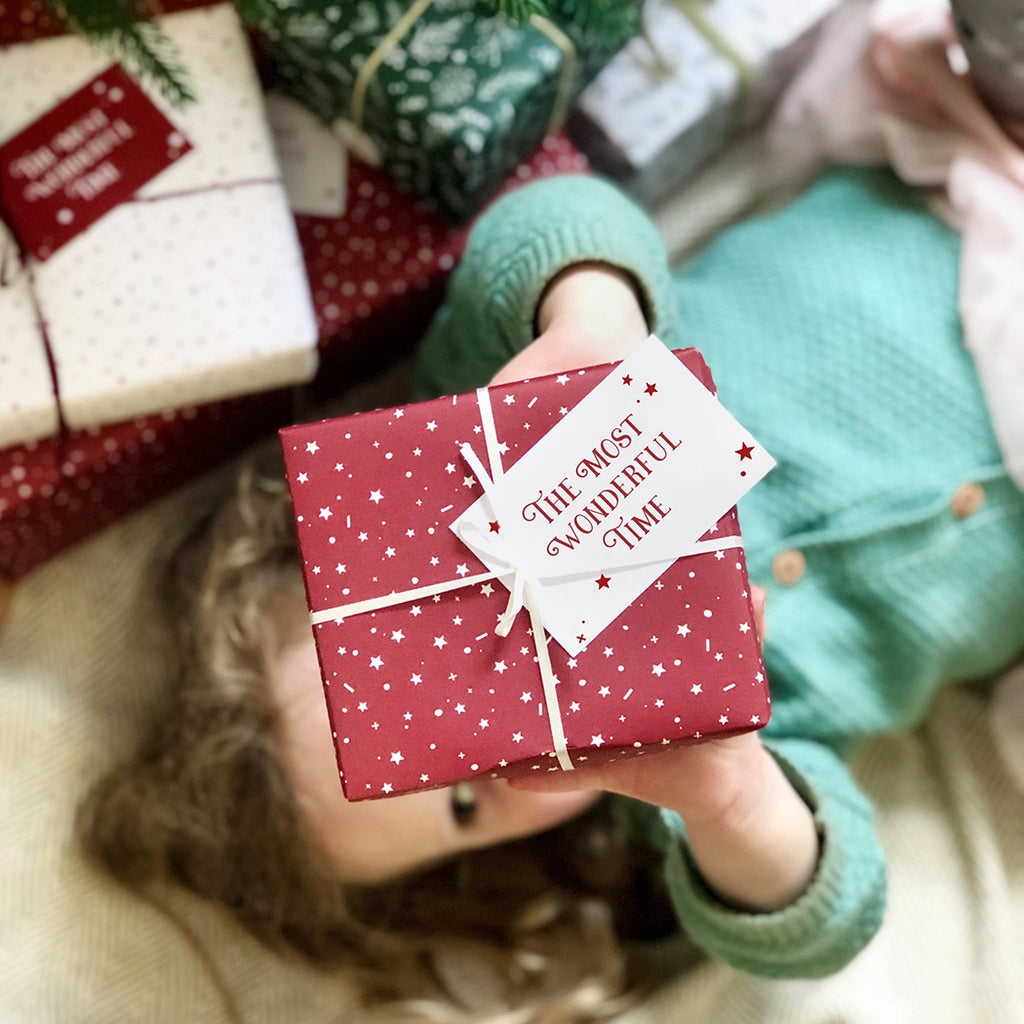 Christmas Gift Wrapping Paper Set with Gift Tags The most wonderful time red and white recyclable eco-friendly