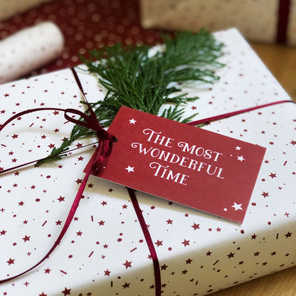 Christmas Gift Wrapping Paper Set with Gift Tags White Paper Red Stars Eco Friendly Recyclable