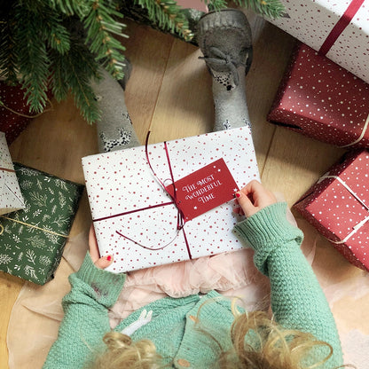 Christmas Gift Wrapping Paper Set with Gift Tags White Paper Red Stars Eco Friendly Recyclable