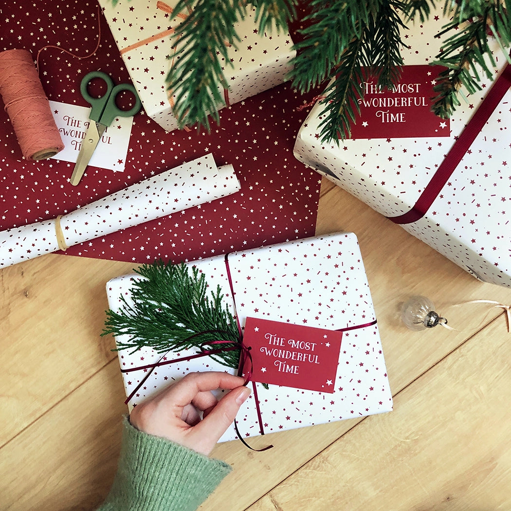 Christmas Gift Wrapping Paper Set with Gift Tags White Paper Red Stars Eco Friendly Recyclable