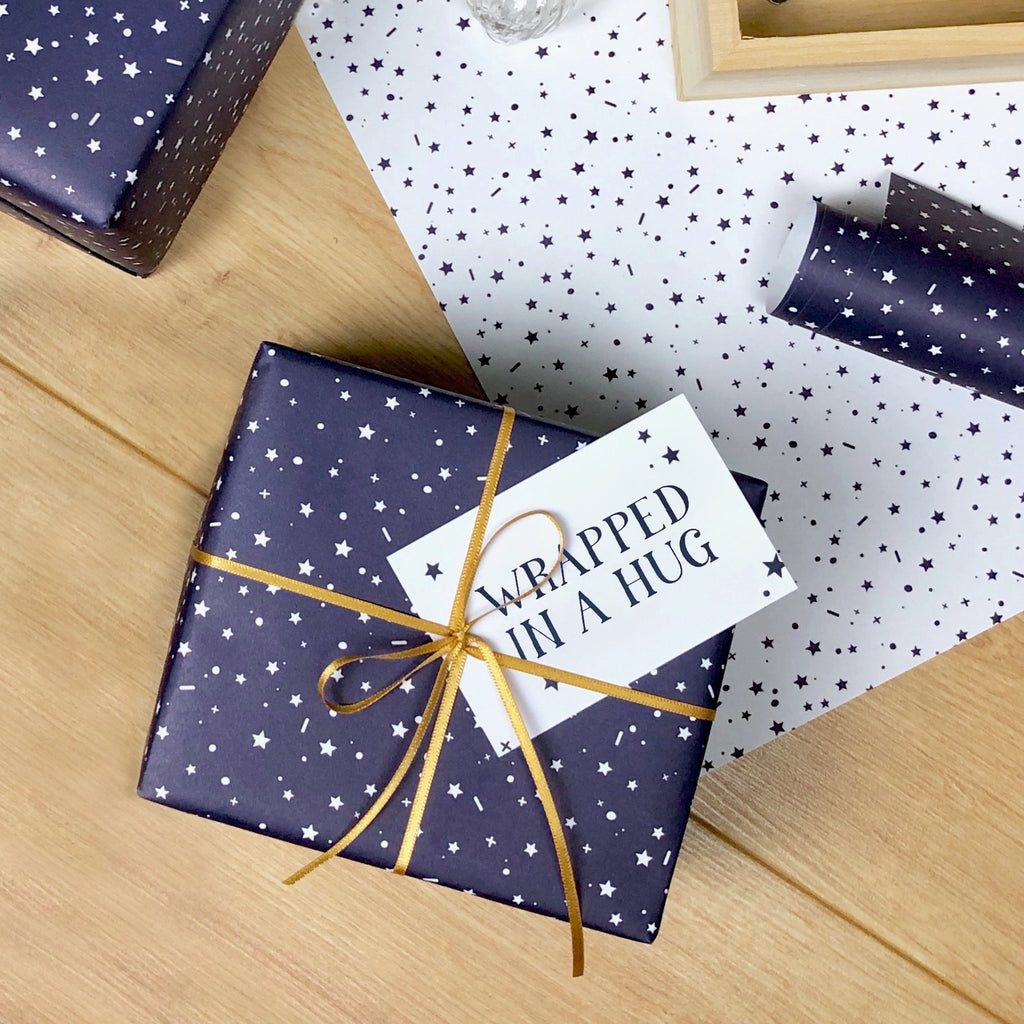 Wrapped in A Hug Navy Recyclable Wrapping Paper Set Eco-friendly Navy White with Gift Tags