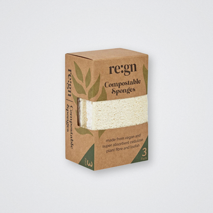 re:gn regn compostable sponges pack of 3 - vegan cellulose plant fibre loofah kitchen sponge eco friendly plastic free