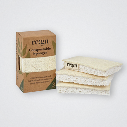 re:gn regn compostable sponges pack of 3 - vegan cellulose plant fibre loofah kitchen sponge eco friendly plastic free