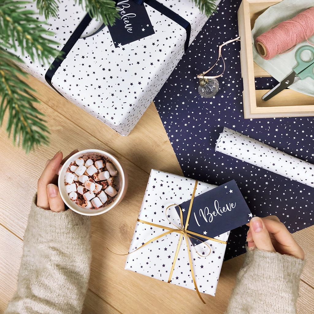I believe Christmas Stars Gift Wrapping Paper Set with Gift Tags Clara and Macy Recyclable Eco-friendly 
