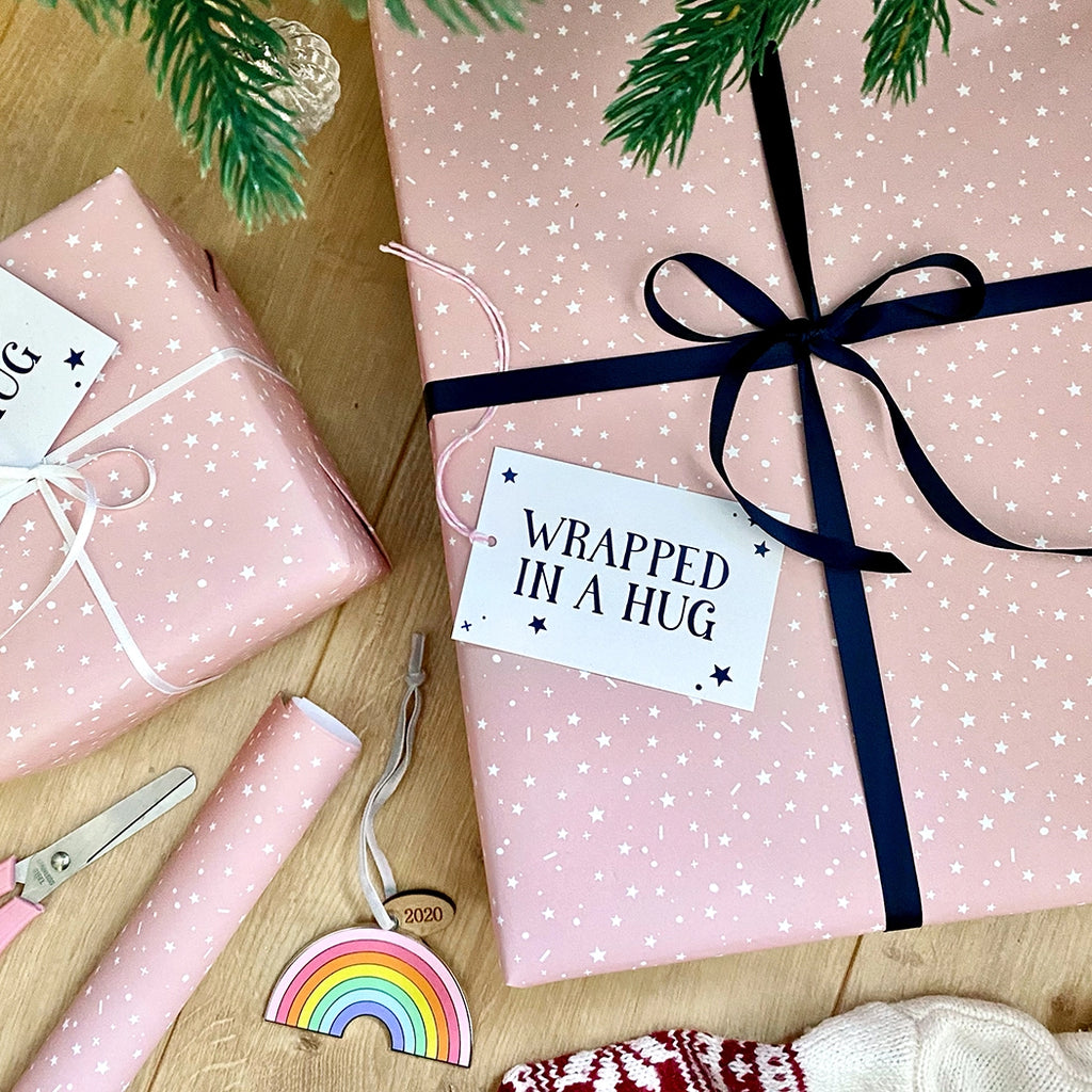 Wrapped in A Hug Pink Recyclable Wrapping Paper Set Christmas Pink White Recyclable Eco-friendly
