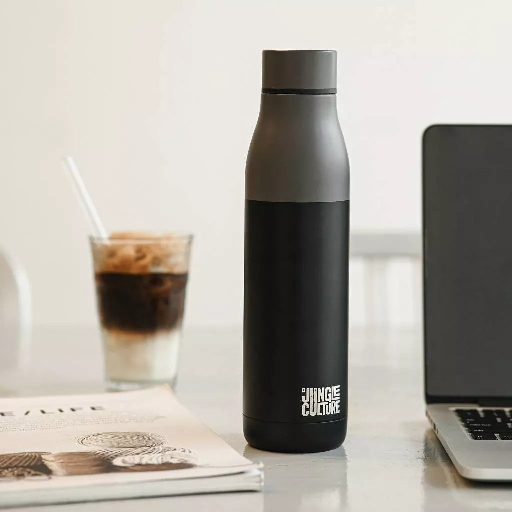 Jungle Culture Reusable Stainless Steel Water Bottle Heat Resistant Thermal Flask Plastic Free Eco-friendly sustainable in Matte Black Matte White