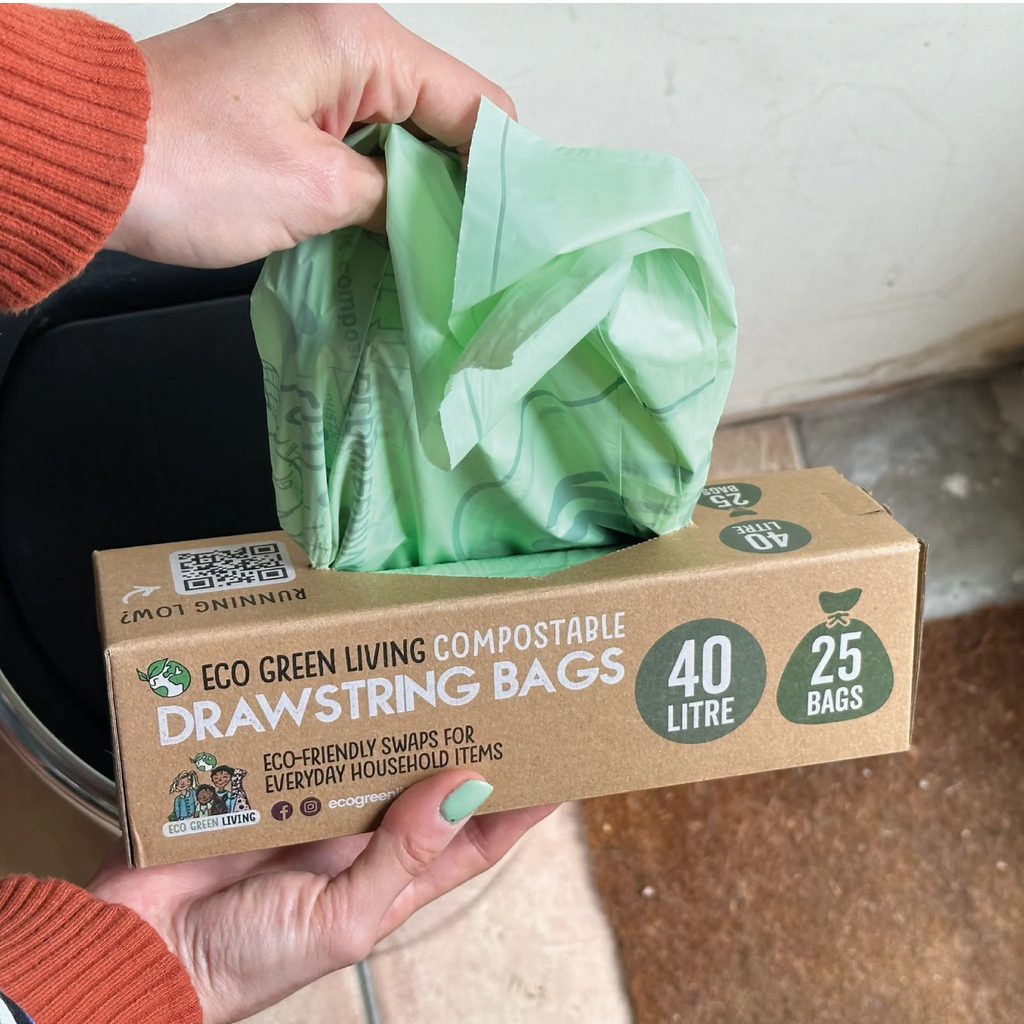 40 Litre compostable drawstring bin bag 25 bags eco friendly biodegradable plastic free waste bag