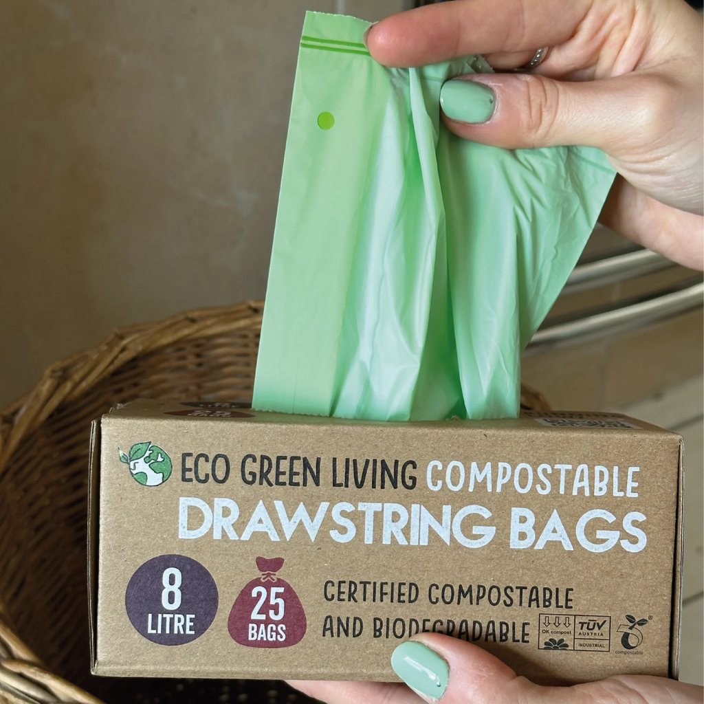 COMPOSTABLE Drawstring Bin Bag Waste Bag Eco friendly Eco Green Living plastic free biodegradable 8 litre 25 bags