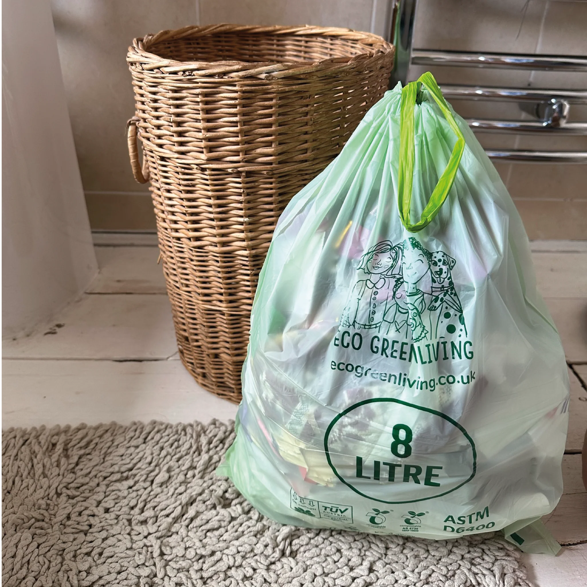 COMPOSTABLE Drawstring Bin Bag Waste Bag Eco friendly Eco Green Living plastic free biodegradable 8 litre 25 bags