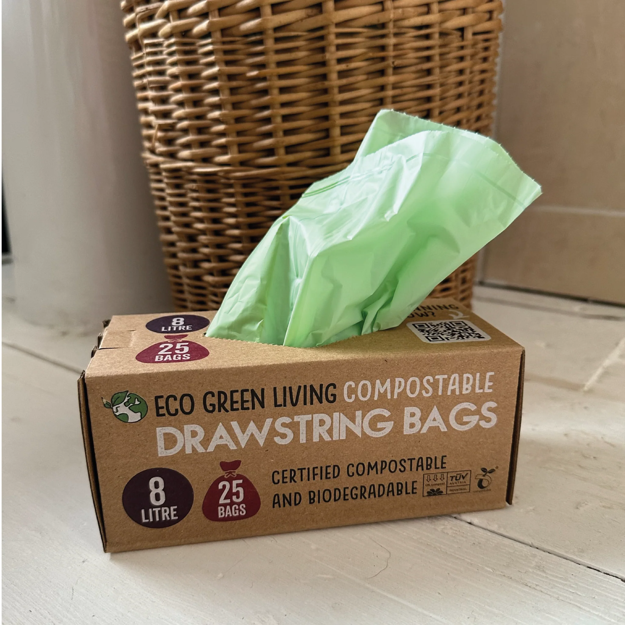 COMPOSTABLE Drawstring Bin Bag Waste Bag Eco friendly Eco Green Living plastic free biodegradable 8 litre 25 bags