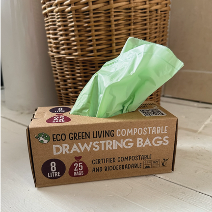 COMPOSTABLE Drawstring Bin Bag Waste Bag Eco friendly Eco Green Living plastic free biodegradable 8 litre 25 bags