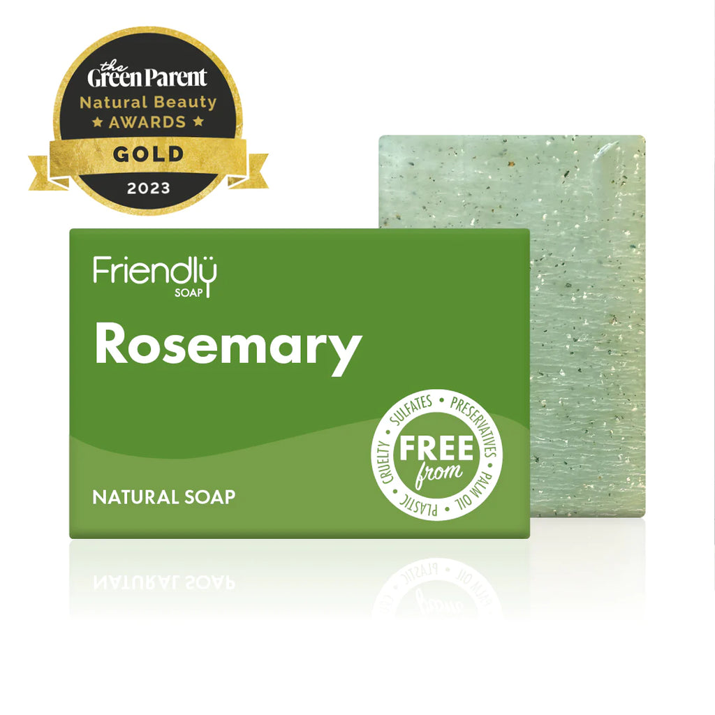 Friendly Vegan Soap Bar - Rosemary green parent awards gold winner natural, handmade, palm oil free sulfate free plastic free