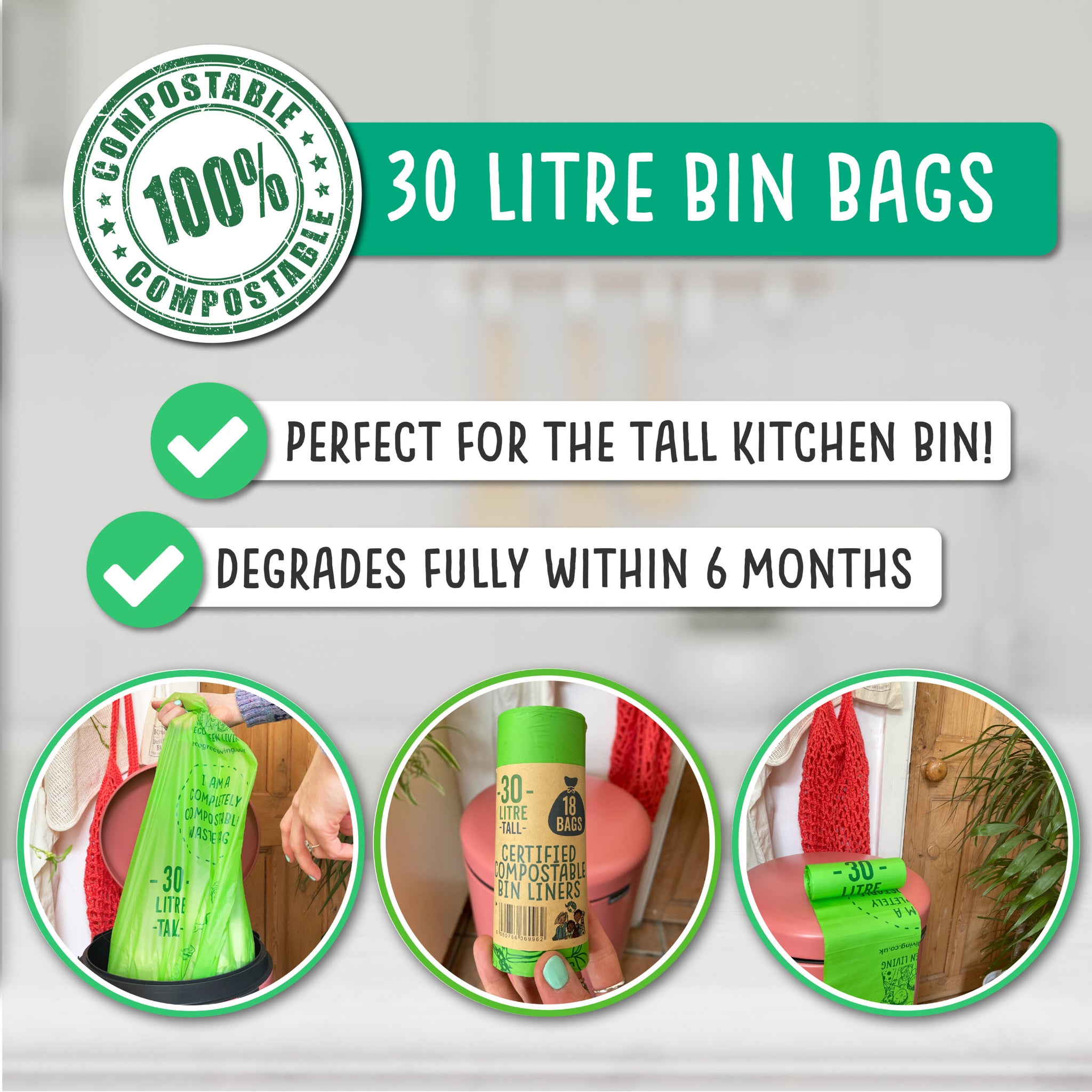 Plastic 30 Litre Tall Bin Liners Compostable Waste Bags 30 Litres