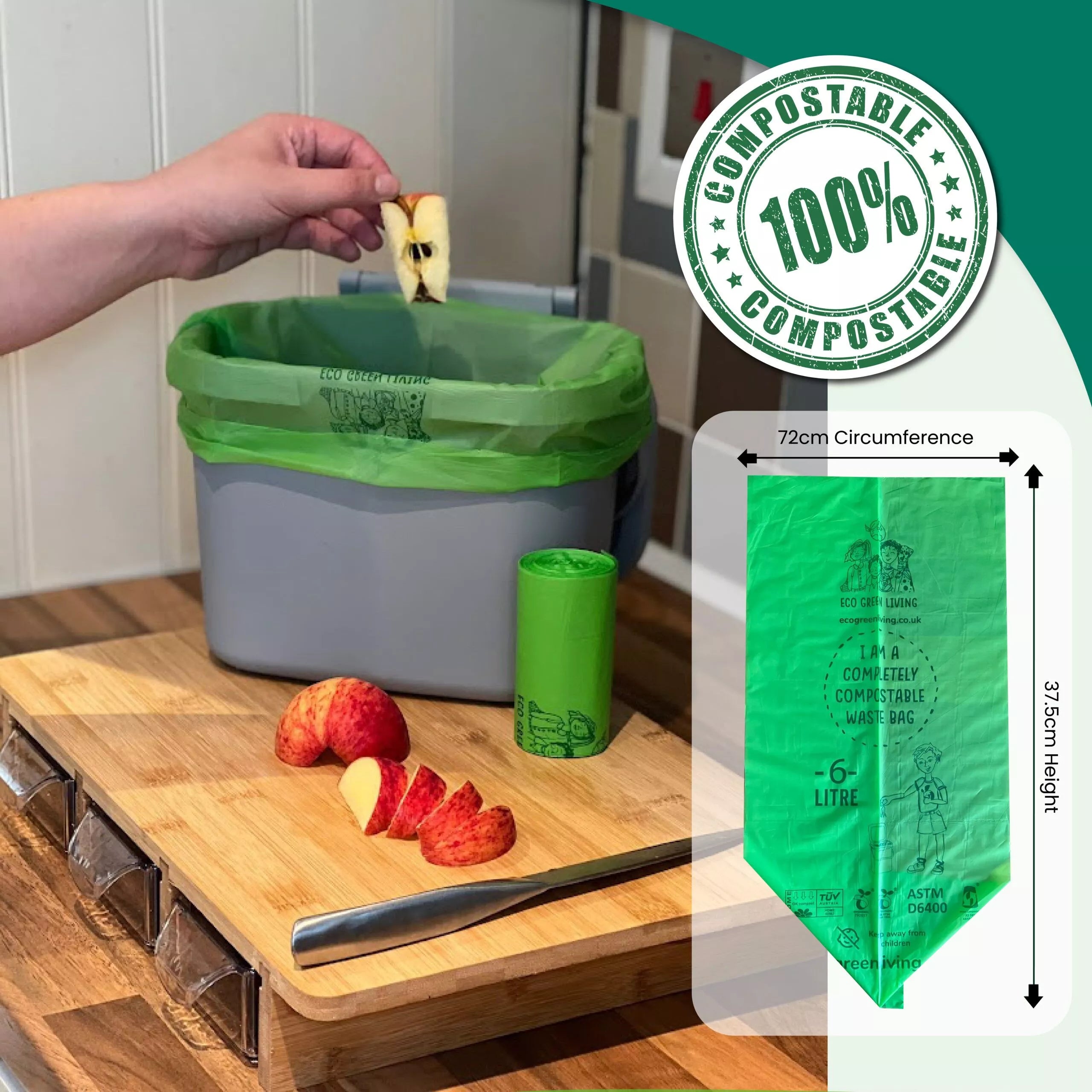 The Compost Bag Company Sacchetti Compostabili 25 Litri - 25 Contenitori Biodegradabili In Amido Di Mais Per Rifiuti Organici, Cucina E Giardino - Conforme EN 13432, Colore Verde