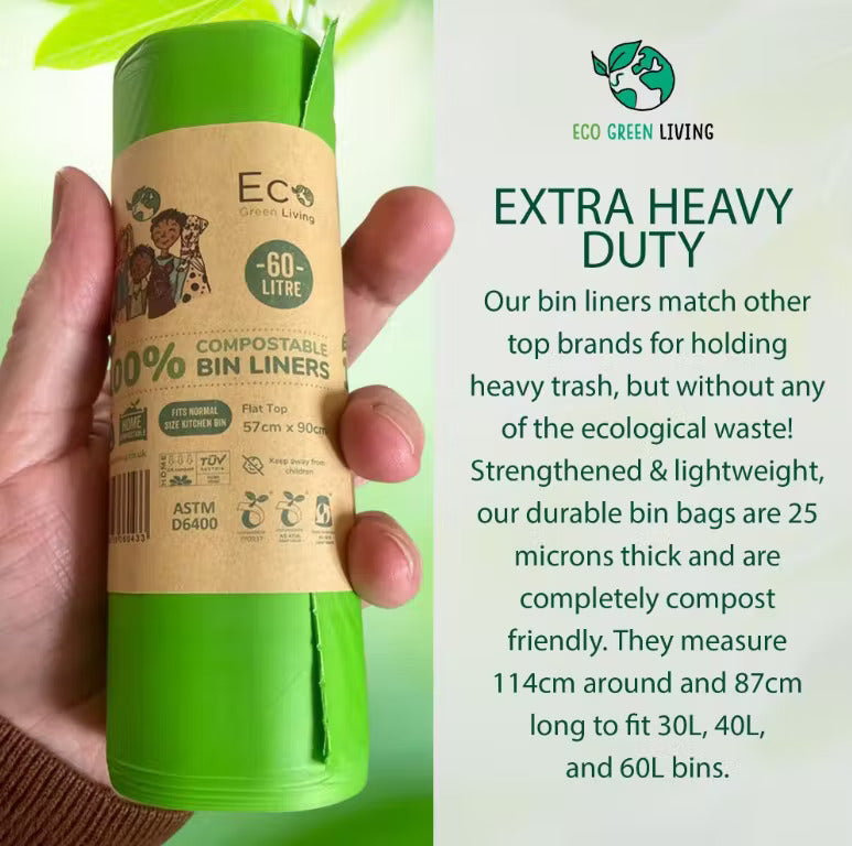 60L Compostable Waste Bags | 1 Roll of 10 Bags | Eco Green Living