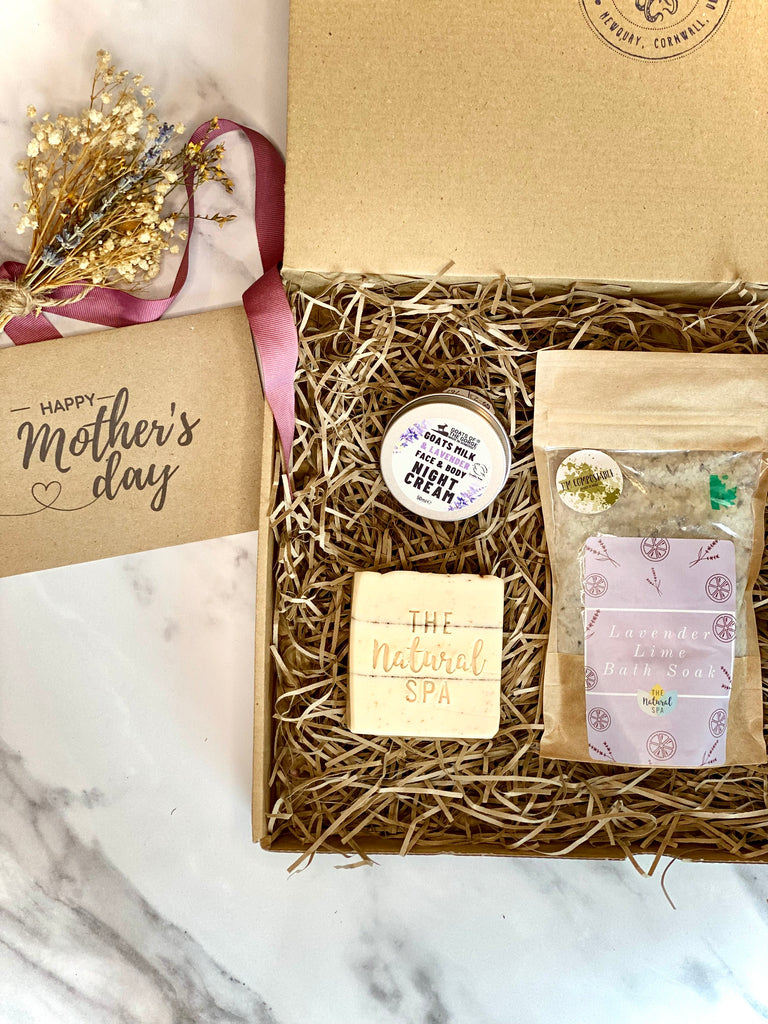 Plastics Free Mother's Day Gift Set The Natural Spa Company Bath Soak Lavender Verbena Soap Goat Milk Night Cream